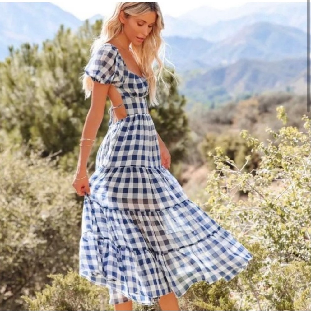 Vici Blue Rye Puff Sleeve Gingham Midi Dress
